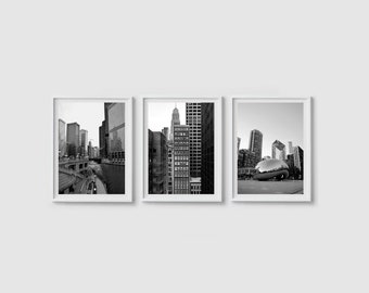 Chicago art, Chicago print set of 3 prints Chicago poster Black and white art print Chicago wall art City architecture print Large art print