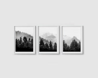 Nature print set of 3 prints Foggy forest art Misty forest print Landscape print Pine trees Forest poster Forest wall art Black and white