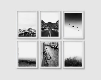 Minimalist Print Set of 6 prints Black and white Minimalist wall art set Landscape print Mountain landscape art Foggy Misty Forest art print