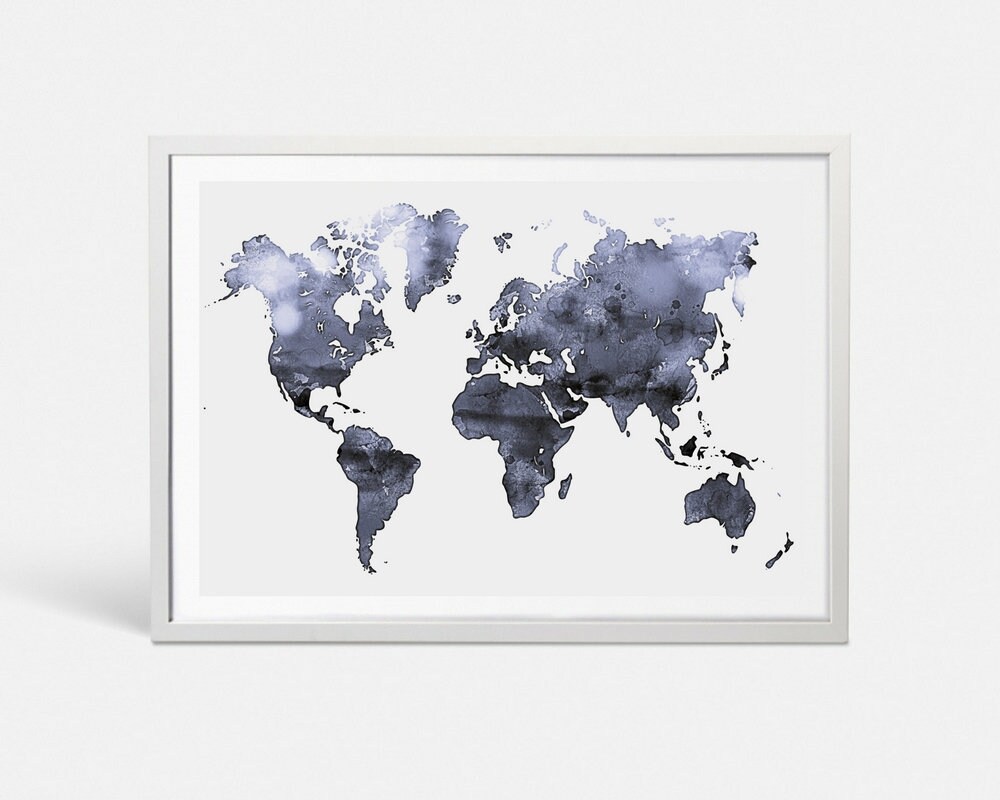 Gray world map wall art World map print Gray watercolor map Etsy