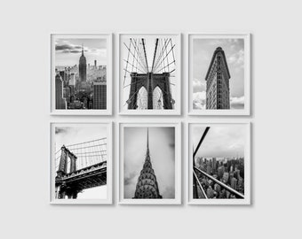 New York Print set of 6 prints, Brooklyn Bridge print, Black and white art NYC art Manhattan print New York City art poster Brooklyn poster