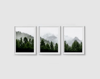 Misty forest print set of 3 prints Nature prints Pine trees Landscape print Foggy forest art Forest poster Forest wall art Wilderness poster