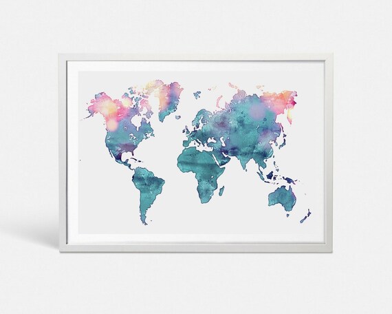 Turquoise Watercolor World Map Wall Art Watercolor Print Push | Etsy