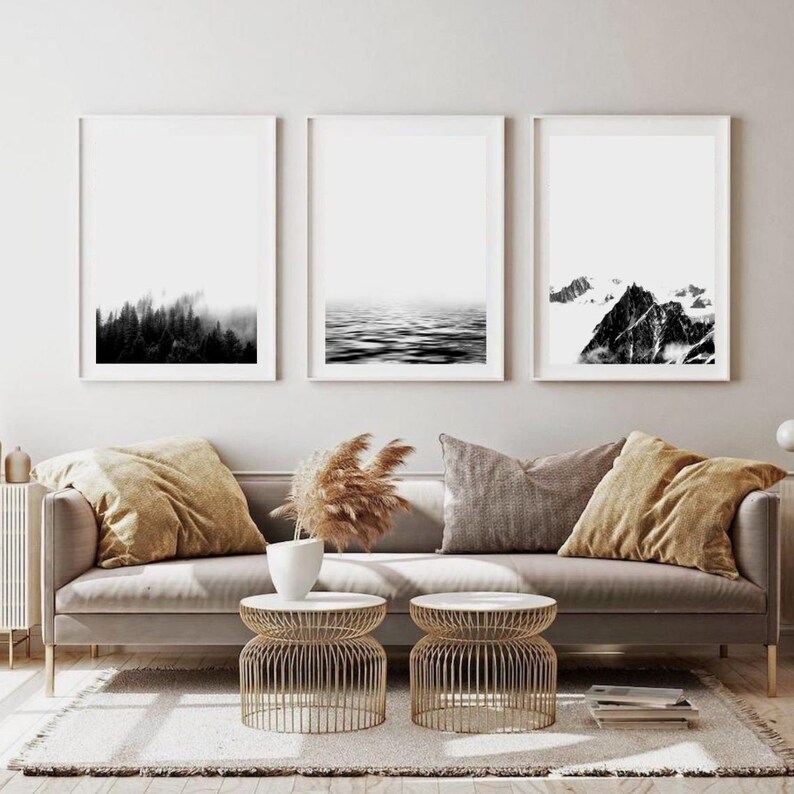 Print set of 3 prints Landscape print set of three Mountain art Black and white Mountain landscape art Minimalist print set Nature print set image 2