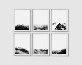 Print set of 6 prints Black and white Landscape print set Nature print set Digital Mountain art Mountain landscape art Minimalist print set