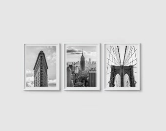 New York Print set of 3 prints, Brooklyn Bridge print, NYC art Manhattan print New York City art poster Brooklyn poster Black and white art
