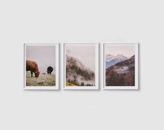 Set of 3 prints Landscape art Print set of 3 piece Forest print Mountain art Cow print Misty forest Landscape print Modern minimalist poster
