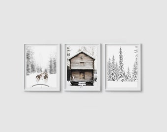 Winter print set of 3 Winter prints Husky dogs print Winter wonderland Snowy trees print Christmas prints Snowy forest art Log cabin poster
