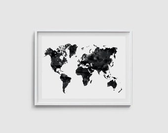 World map poster Black watercolor world map art Push pin map of the world Travel map Large world map print Printable world map download