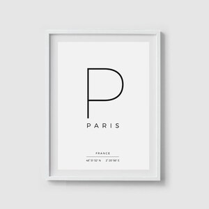 May include: A black and white minimalist poster with the letter "P" and the word "PARIS" below it. The poster also includes the words "FRANCE" and the coordinates "48° 51' 52" N 2° 20' 50" E".
