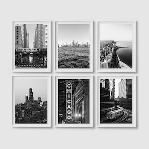 Chicago art, Chicago print set van 6 prints Chicago wall art Zwart-wit kunst print Chicago poster City architecture print Grote kunstafdruk