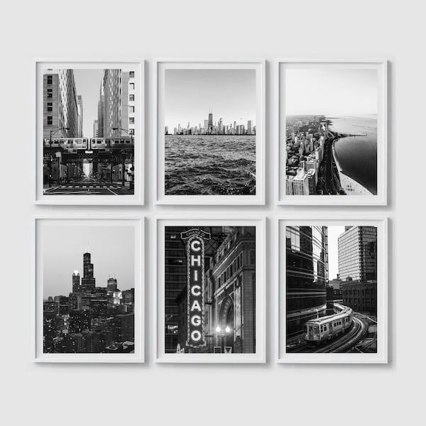 Chicago art, Chicago print set of 6 prints Chicago wall art Black and white art print Chicago poster City architecture print Large art print
