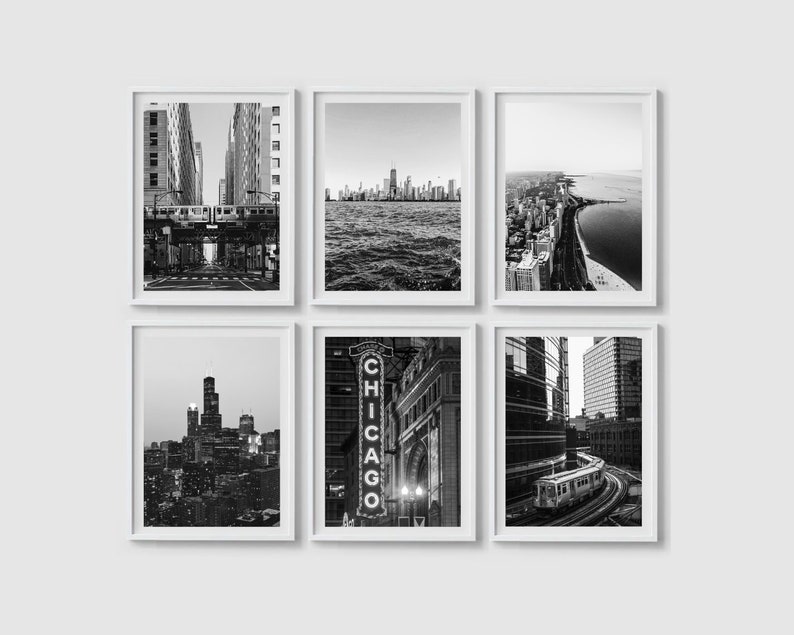 May include: Six black and white photographs of Chicago, Illinois. The photos show various cityscapes, including the Chicago River, the Chicago skyline, and the Chicago Transit Authority's 'L' train.