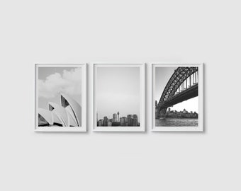 Sydney print Gallery wall set Sydney poster City architecture print Set of 3 prints Black and white art Street photography print Opera House