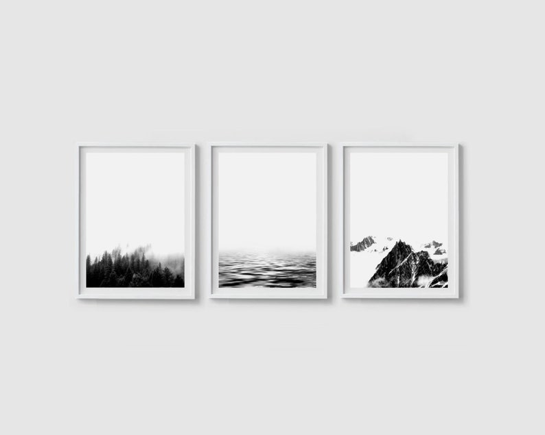 Print set of 3 prints Landscape print set of three Mountain art Black and white Mountain landscape art Minimalist print set Nature print set image 1