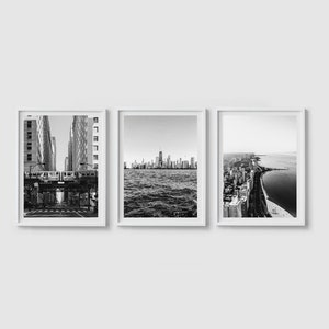 Chicago print set of 3 prints Chicago art Black and white art print Chicago poster Large art print Chicago wall art City architecture print