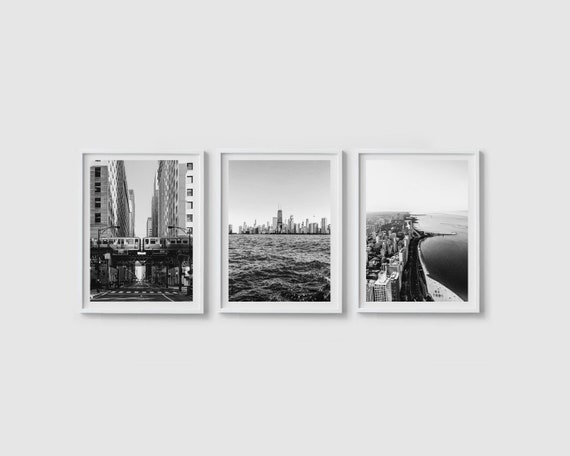 Chicago print set of 3 prints Chicago art Black and white art print Chicago poster Large art print Chicago wall art City architecture print