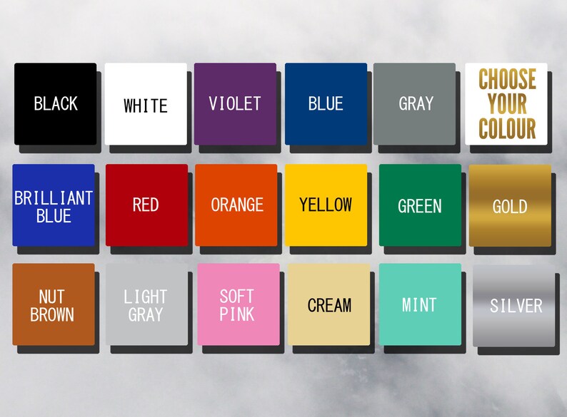 Peut inclure: Une grille d'&eacute;chantillons de couleurs avec des &eacute;tiquettes textuelles. Les couleurs comprennent le noir, le blanc, le violet, le bleu, le gris, le bleu brillant, le rouge, l'orange, le jaune, le vert, l'or, le brun noisette, le gris clair, le rose tendre, la cr&egrave;me, la menthe et l'argent. Le texte "CHOOSE YOUR COLOUR" est &eacute;galement pr&eacute;sent.