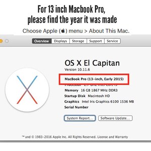 Peut inclure: Capture d'&eacute;cran d'une fen&ecirc;tre d'informations syst&egrave;me MacBook Pro. Le texte indique "MacBook Pro (13 pouces, d&eacute;but 2015)". Des instructions sont fournies pour trouver l'ann&eacute;e de fabrication.