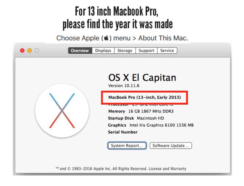 Peut inclure: Capture d'&eacute;cran d'une fen&ecirc;tre d'informations syst&egrave;me MacBook Pro. Le texte indique "MacBook Pro (13 pouces, d&eacute;but 2015)". Des instructions sont fournies pour trouver l'ann&eacute;e de fabrication.