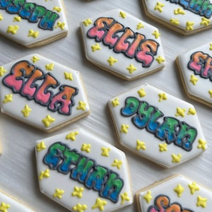 Child’s birthday graffiti name cookies party favors