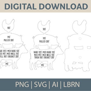 May include: Digital download graphic featuring a chicken, pig, and cow with temperature guides for cooking. Includes text for rare, medium, and well-done temperatures in Fahrenheit. The graphic also includes the text "DIGITAL DOWNLOAD".