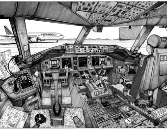 Aviation Art, Airplane Art, Aviation Prints, Jean-Luc Beghin, Boeing, Boeing 777, Cockpit Illustration, Airliner, Superliner, Air France