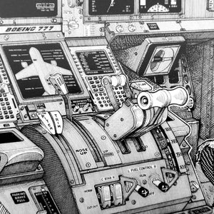 K&ouml;nnte beinhalten: Eine Schwarzwei&szlig;illustration eines Boeing 777-Cockpits mit verschiedenen Schaltern, Kn&ouml;pfen und Hebeln. Die Illustration enth&auml;lt Textbeschriftungen wie "Pitch", "Trim", "Nose Up", "C Stab", "L Fuel Control R" und "Run".