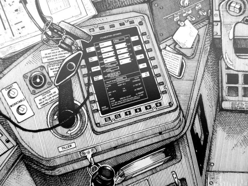 K&ouml;nnte beinhalten: Eine Schwarzwei&szlig;illustration eines Bedienfelds mit verschiedenen Kn&ouml;pfen, Schaltern und Zifferbl&auml;ttern. Das Feld ist mit "STS Navigation System" beschriftet und enth&auml;lt ein digitales Display mit dem Text "V1 161 KT, VR 164 KT, V2 162 KT".