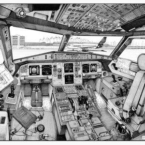 May include: A black and white drawing of an airplane cockpit. The drawing shows the pilot's seat, the control panel, and the view out the window. The airplane is on the ground and there is another airplane in the background.