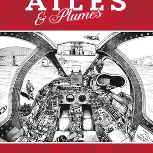 K&ouml;nnte beinhalten: Eine Schwarzwei&szlig;illustration eines Cockpits mit Blick auf eine Landebahn und einen Hangar im Hintergrund. Der Text "BEGIN" und "AILES & PLUMES" befindet sich oben im Bild. Der Text "COCKPIT" befindet sich unten im Bild. Der Text "PILOT'S NOTES" befindet sich in der unteren rechten Ecke des Bildes.
