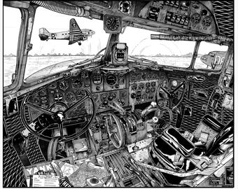 Luftfahrtkunst, Vintage-Flugzeugkunst, Skytrain, Jean-Luc Beghin, Flugzeugdruck, Douglas DC-3, C-47, USAAF, Zweiter Weltkrieg, Dakota, Skytrain