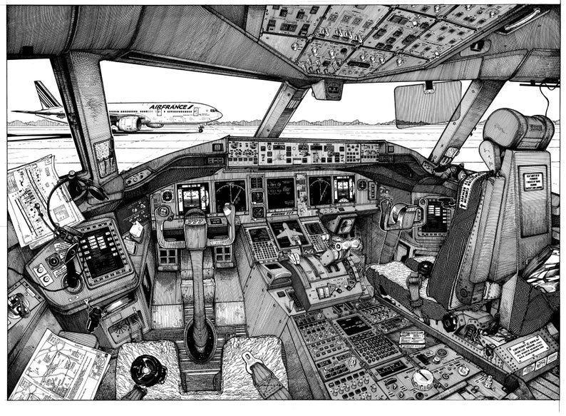 K&ouml;nnte beinhalten: Eine Schwarzwei&szlig;illustration eines Flugzeugcockpits. Das Cockpit ist mit verschiedenen Bedienelementen und Instrumenten gef&uuml;llt. Der Pilotsitz ist auf der rechten Seite des Bildes sichtbar. Der Text "AIR FRANCE" ist auf dem Flugzeug im Hintergrund sichtbar.