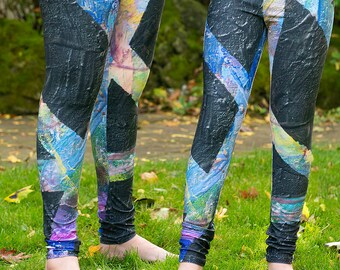 Maman et moi leggings noirs, Tenue de maman et fille, Pantalon imprimé d'art abstrait en noir, Cadeau de naissance pour elle, Yoga Pilates