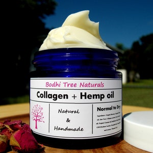 May include: A blue jar of Bodhi Tree Naturals Collagen + Hemp oil cream. The jar has a white label with the product name, "Natural & Handmade", and "Normal to Dry" skin type. The cream is white and has a smooth texture.