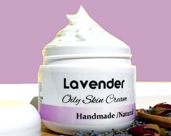 May include: A white jar of lavender-scented oily skin cream. The jar has a purple label with the text "Lavender Oily Skin Cream Handmade/Natural".