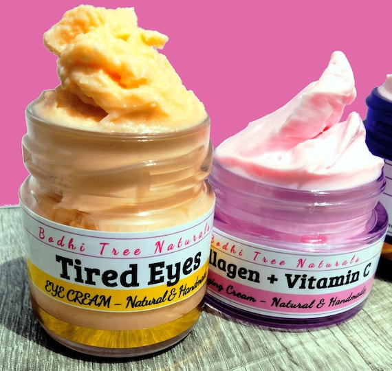 Collagen Cream + Vitamin C + Firming Tired Eyes/EYE CREAM with Calendula & Chamomile - Anti Aging Eyes / Natural Handmade Skin Care/ BUNDLE