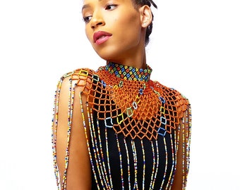 Orange & White Maasai Beaded Handmade Choker Body Necklace made in Kenya