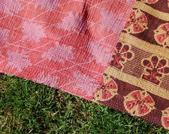 DEEPALI - KANTHA quilt artisan cotton throw BLANKET picnic rug / hippie boho bohemian homewares / multi-purpose gypsy pink brown