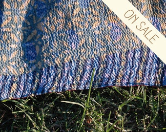 RIVER - blue heavy KANTHA quilt RUG / twin boho bedding bedspread / embroidered saree picnic blanket / India silk border