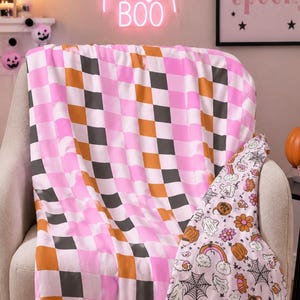Halloween Velveteen Blanket, Double Sided Ghost Throw, Pink Checkerboard Blanket, Pastel Spooky Decor, Kids Halloween Gift