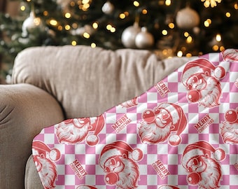 Pink Santa Checkered Blanket | Retro Christmas Throw | Cozy Holiday Blanket | Mayhem Threads