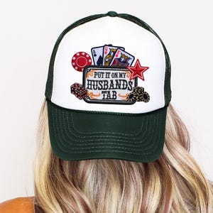 Put It On My Husbands Tab Trucker Hat, Western Trucker Hats, Gifts For Her, Funny Wife Hats, Best Friend Gifts, Bar Crawl Hats, Cute Hats