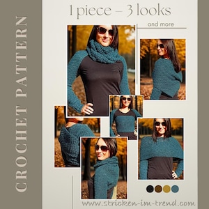 Könnte beinhalten: Werbung für ein Häkelmuster, das einen türkisfarbenen Wickel zeigt, der auf drei Arten getragen werden kann. Der Text "1 piece - 3 looks and more" steht oben. Die Worte "CROCHET PATTERN" stehen vertikal links.