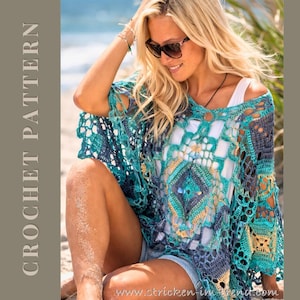 May include: A turquoise, blue, and yellow crochet top with a geometric design. The top has long sleeves and is worn over a white vest top. The words "CROCHET PATTERN" are printed vertically on the left side of the image.