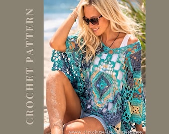 Crochet Poncho Pattern Granny Square | Boho Summer Poncho PDF | Beach Cover Up Crochet | Tropical #6 | GrannyCouture #1 | Digital Download