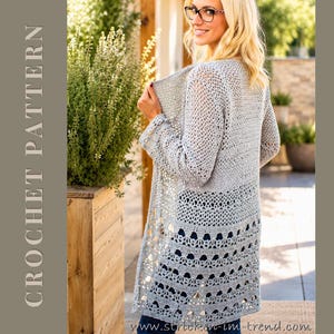 May include: A light gray crochet cardigan with long sleeves and an open front. The bottom of the cardigan features a decorative openwork pattern. The words "CROCHET PATTERN" are printed vertically on the left side of the image.