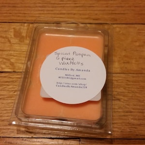Peut inclure: Gros plan sur un ensemble de 6 galets de cire dans un r&eacute;cipient en plastique transparent. Les galets de cire sont de couleur orange clair et portent une &eacute;tiquette indiquant "Spiced Pumpkin Wax Melts" et "Candles By Amanda".