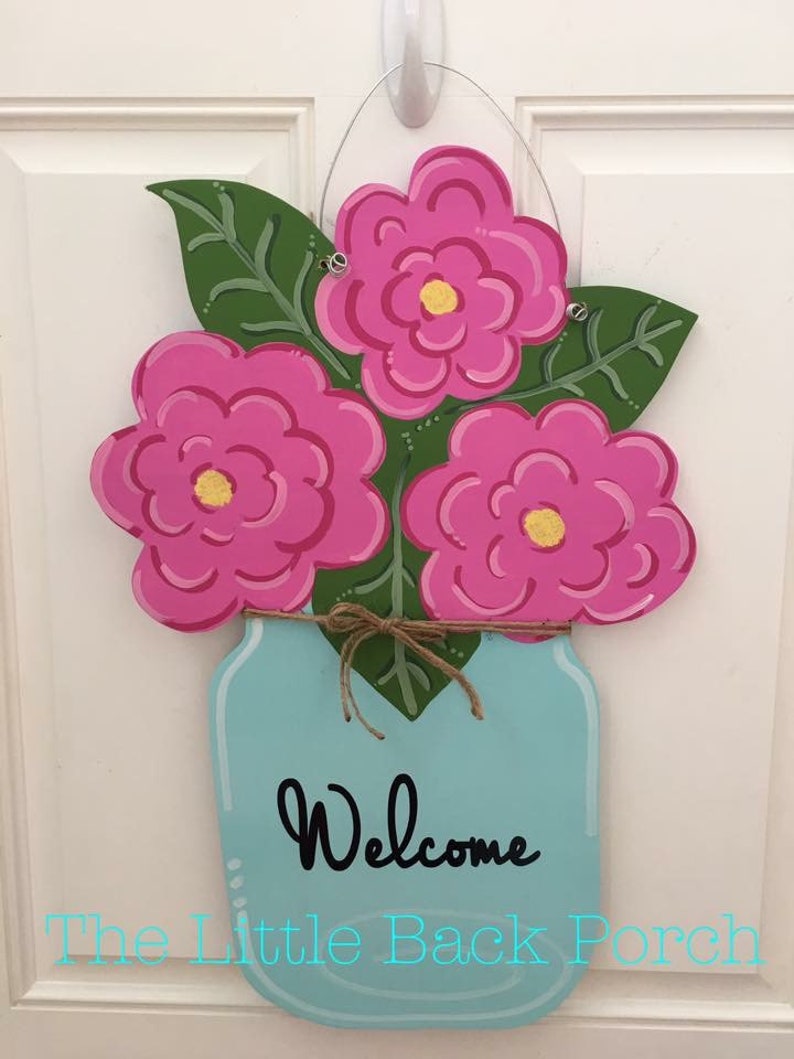 Mason Jar Door Hanger, Spring Flower Door Hanger, Flower Mason Jar Door Hanger, Flower Mason Jar