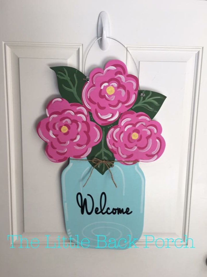 Mason Jar Door Hanger, Spring Flower Door Hanger, Flower Mason Jar Door Hanger, Flower Mason Jar